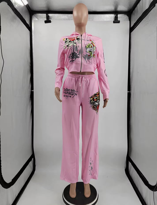 Ed Hardy Cropped Hoodie & Sweats 2-Piece Set